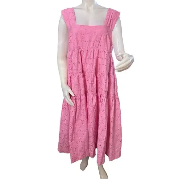 Anthropologie Square-Neck Eyelet Tiered Midi Dress Pink XLP NWT - Picture 4 of 9